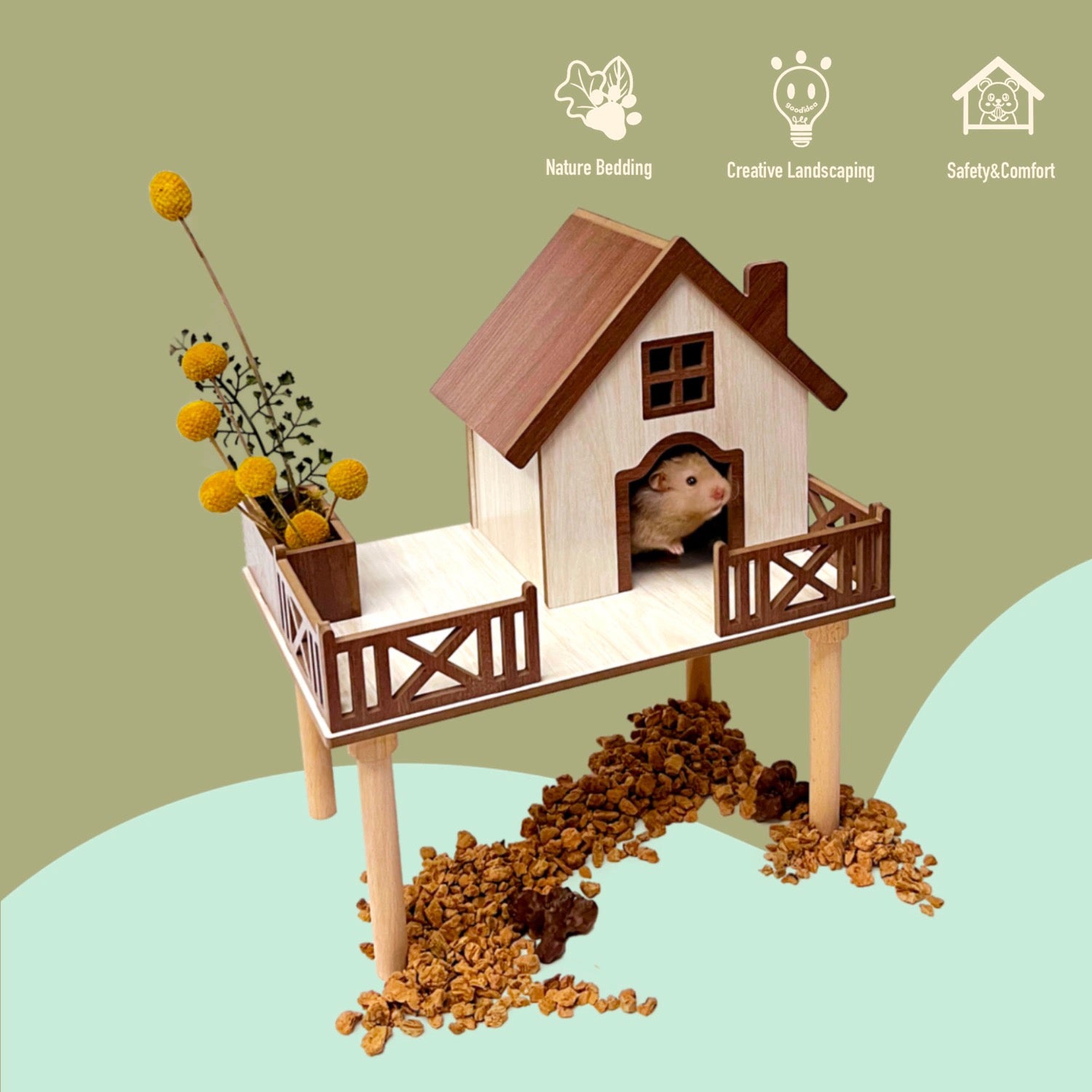 Natural wood large space hamster hideout
